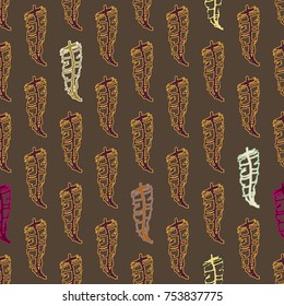 Seamless pattern with Rustic Ethnic decorative feathers, endless colorful background. Hand drawn vintage design. Colored sketch illustration. Vintage Tribal and Decorative feathers.