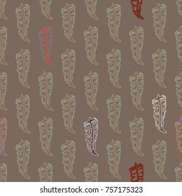 Seamless pattern with Rustic Ethnic decorative feathers, endless colorful background. Hand drawn vintage design. Colored sketch illustration. Vintage Tribal and Decorative feathers.