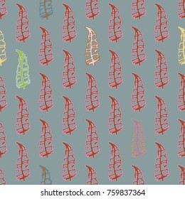 Seamless pattern with Rustic Ethnic decorative feathers, endless colorful background. Hand drawn vintage design. Colored sketch illustration. Vintage Tribal and Decorative feathers.