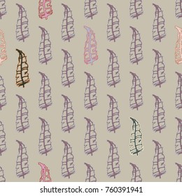 Seamless pattern with Rustic Ethnic decorative feathers, endless colorful background. Hand drawn vintage design. Colored sketch illustration. Vintage Tribal and Decorative feathers.