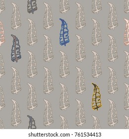 Seamless pattern with Rustic Ethnic decorative feathers, endless colorful background. Hand drawn vintage design. Colored sketch illustration. Vintage Tribal and Decorative feathers.