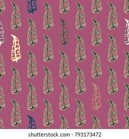 Seamless pattern with Rustic Ethnic decorative feathers, endless colorful background. Hand drawn vintage design. Colored sketch illustration. Vintage Tribal and Decorative feathers.