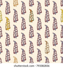 Seamless pattern with Rustic Ethnic decorative feathers, endless colorful background. Hand drawn vintage design. Colored sketch illustration. Vintage Tribal and Decorative feathers.