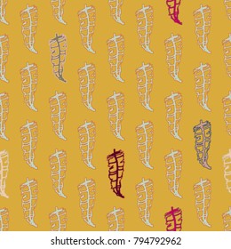 Seamless pattern with Rustic Ethnic decorative feathers, endless colorful background. Hand drawn vintage design. Colored sketch illustration. Vintage Tribal and Decorative feathers.