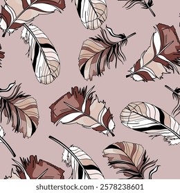 Seamless Pattern with Rustic Feathers on Neutral Background. Hand-Drawn Feathers in Earthy Tones. Boho Feather Pattern with Minimalist Style