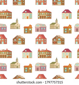 Seamless pattern with rustic house on white background. Stone home or cottage building with restaurant, shop and church. Rural mansion in flat design. Flat Art Vector Illustration