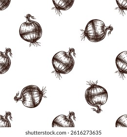 Seamless pattern with rustic onion bulbs. Hand drawn in vintage style using brown ink. Great for farm product packaging, kitchen decor, menu design, and eco-friendly branding.