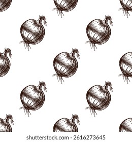 Seamless pattern with rustic onion bulbs. Hand drawn in vintage style using brown ink. Great for farm product packaging, kitchen decor, menu design, and eco-friendly branding.