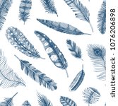 Seamless pattern. Rustic realistic feathers of different birds, owls, peacocks, ducks. engraved hand drawn in old vintage sketch. Vector illustration.