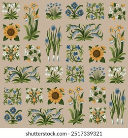 Nahtloses Muster mit rustikalem Tellow und blauen einfachen Blumen. Vektorgrafik