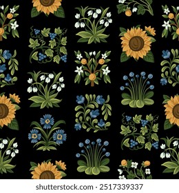 Seamless pattern with rustic tellow and blue simple flowers. Vector