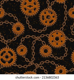 Seamless pattern with rusty gears, chains on textured black background. Vector illustration in steampunk style.