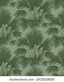 Seamless pattern with sabal palm bushes. Green lush leaves. Natural background.