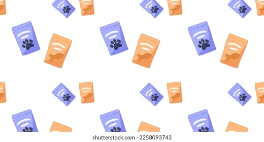 Seamless pattern with sachets of food for cats and dogs. Flat vector illustration