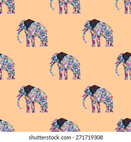 Seamless pattern with a sacred animal elephant made of polygons triangles of different sizes in different colors pink blue purple dark blue