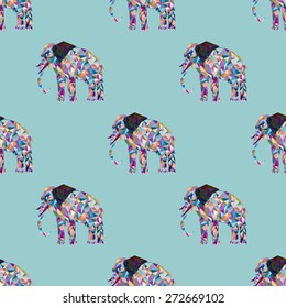 Seamless pattern with a sacred animal elephant made of polygons triangles of different sizes in different colors pink blue purple dark blue to aquamarine background