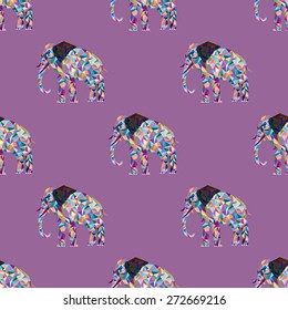 Seamless pattern with a sacred animal elephant made of polygons triangles of different sizes in different colors pink blue purple dark blue on a purple background