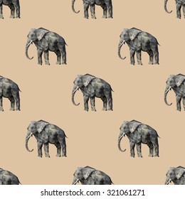 Seamless pattern with sacred animal elephant made of polygons triangles of different sizes in different shades of gray to sandy beige background