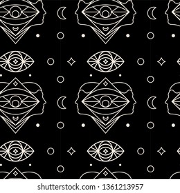 Seamless pattern with sacred face, moon, eye and stars symbols on black background.