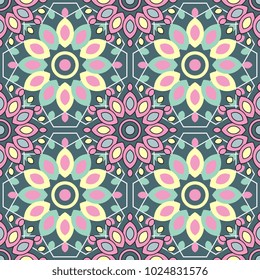 Seamless pattern sacred geometric floral punchy pastel colors. Colorful cute mystical illustration vector.