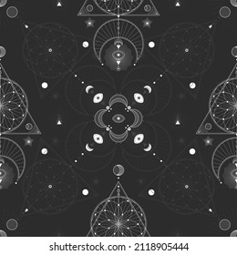Seamless pattern with sacred geometric symbols. Background with magical signs.