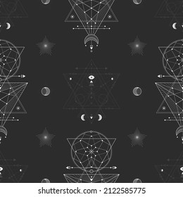 Nahtloses Muster mit sakralen geometrischen Symbolen. Hintergrund mit magischen Zeichen.
