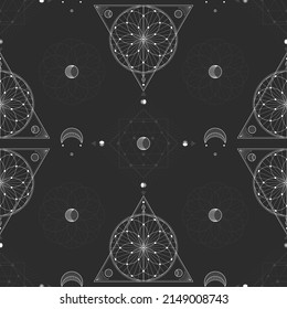 Seamless pattern with sacred geometric symbols. Background with magical signs.