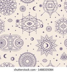 Seamless Pattern with Sacred Geometry Forms - Eye, Moon and Sun. Vector illustration. Geometric Spirograph Lines. Alchemy Symbols, Occult and Mystic Signs on White Background.