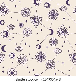 Seamless Pattern with Sacred Geometry Forms - Eye, Moon and Sun. Vector illustration. Geometric Spirograph Lines. Alchemy Symbols, Occult and Mystic Signs on White Background.