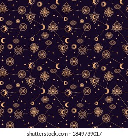 Seamless Pattern with Sacred Geometry Forms - Eye, Moon and Sun. Vector illustration. Geometric Spirograph Lines. Alchemy Symbols, Occult and Mystic Signs on Night Background.