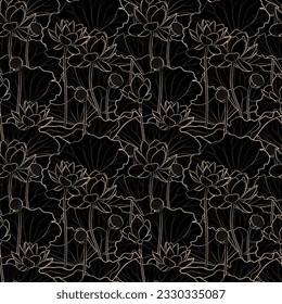 Seamless pattern with sacred lotus flowers (Nelumbo nucifera). Vector illustration.