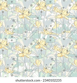 Seamless pattern with sacred lotus flowers (Nelumbo nucifera). Vector illustration.