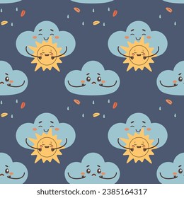 Seamless pattern sad cloud crying, rain, and overcast