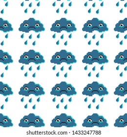 Seamless pattern with sad cloud. Pixel art background, cartoon vector illustration. Retro game style.