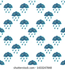 Seamless pattern with sad cloud. Pixel art background, cartoon vector illustration. Retro game style.