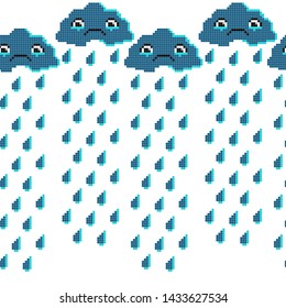 Seamless pattern with sad cloud. Pixel art background, cartoon vector illustration. Retro game style.