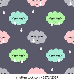 Seamless pattern with sad crying clouds and drops. Cute baby shower vector background. Child drawing style.