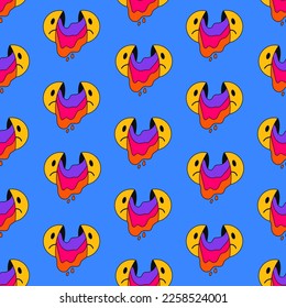 Patrón sin brillo emoticono de goteo triste sobre un fondo azul. Ilustración vectorial en el estilo de moda de los años 80-90.