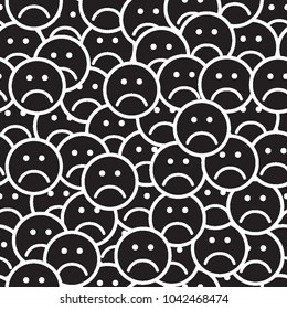 Seamless pattern with sad face icons. Unhappy faces background. Flat stile. Black and white vector illustration.