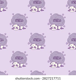 Seamless Pattern With Sad Kawaii Panda Lying Crushed By Heavy Boulder With Stress Text On Purple Background. Emotional Burnout And Mental Pressure. Repeating Tired Cartoon Bear. Vector Illustration