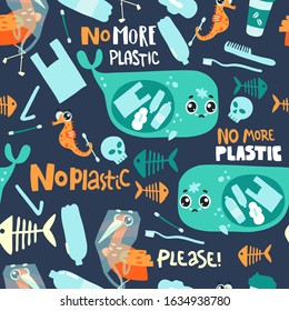 Seamless pattern with sad sea animals and plastic garbage in the ocean. No more plastic hand lettering