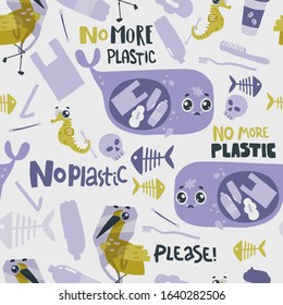 Seamless pattern with sad sea animals and plastic garbage in the ocean. No more plastic hand lettering