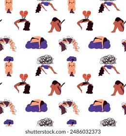 Seamless pattern with sad and unhappy people experiencing depression and grief. A woman with a mental disorder feeling sorrow, despair, and frustration