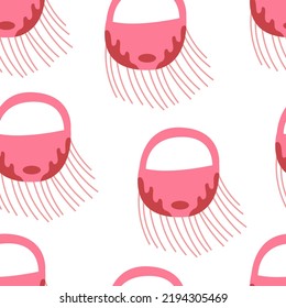 Seamless pattern with saddle bag and fringe. Woman accessory. Vector flat background. 