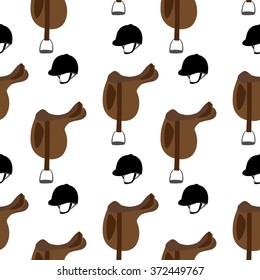Seamless pattern. Saddles and helmets on white background.