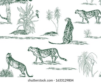 Seamless Pattern Safari Africa Wildlife, Cheetah Wild Cats Walking in Dessert, Exotic Plants with Leopards, Hand Drawn Lithography Drawing, Small Groups of Animals, Blue on White Background Engraving