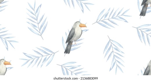 seamless pattern with safari animals, bird, tropical leaves, cute kids illustration