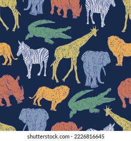 Seamless pattern of a safari animals elephant, lion, giraffe, zebra, crocodile, rhino background elements.
