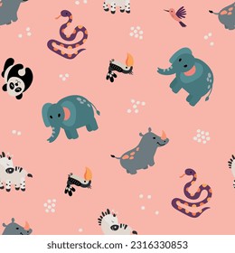 Seamless pattern with safari animals. Elephant, rhinoceros, zebra, panda, snake. Design for fabric, textile, wallpaper, packaging.