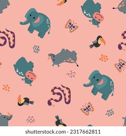 Patrón sin foco con animales de safari. Elefante, hipopótamo, rinocerontes, serpiente, tocan, mariposas. Diseño para tela, textil, papel pintado, embalaje.